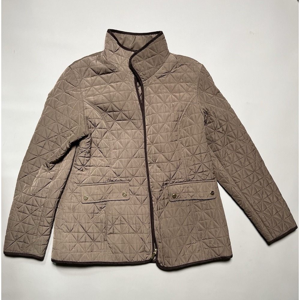 Jones New York Women's Quilted Lined Zip Jacket Stand-Up Collar Brown L